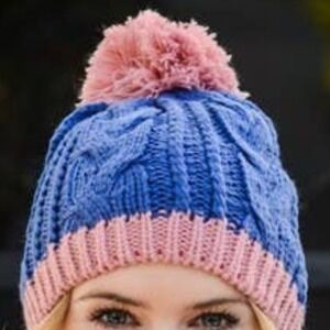 Blue & Pink Two Tone Pom Pom Cable Knit Beanie